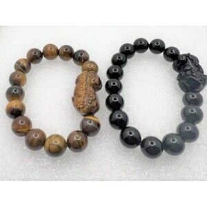 Tiger Eye or Black Obsidian Pixiu Bracelet - Your Choice - Stretch